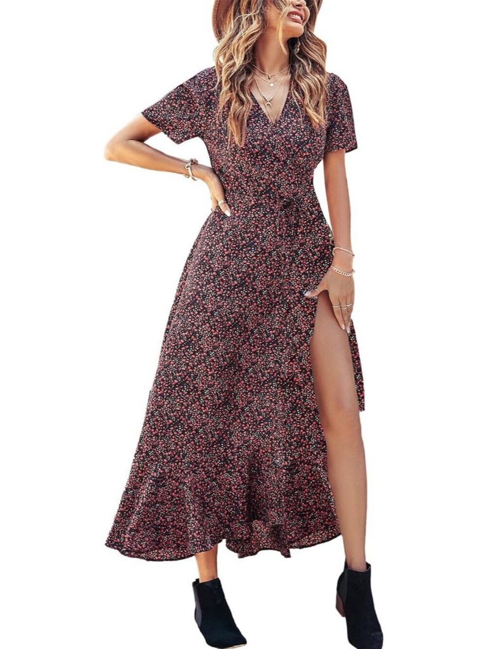 Women's Black Red Floral V Neck Casual Short Sleeve Pull On Zipper Maxi Dresses